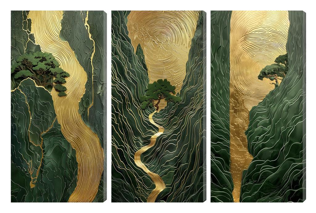 Gold Foil Japanese-style River Multi Panel Wall Art Canvas.