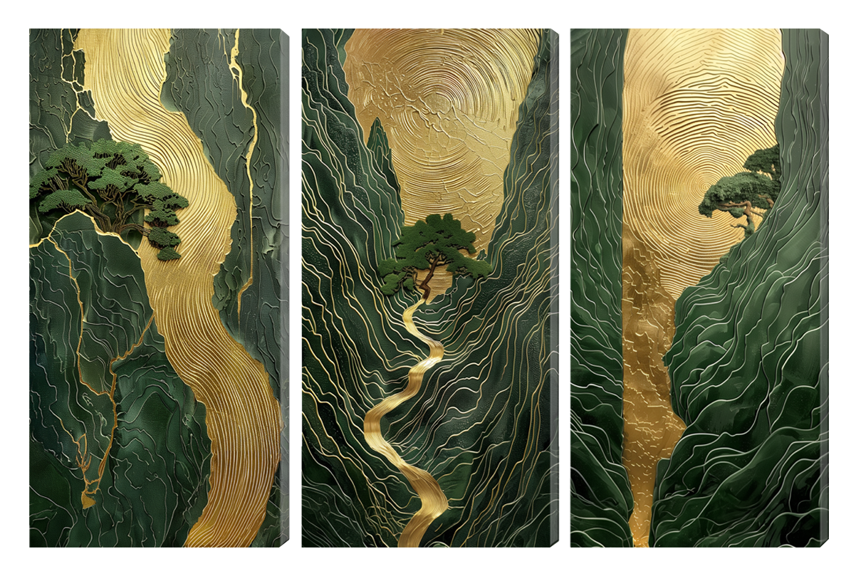 Gold Foil Japanese-style River Multi Panel Wall Art Canvas.