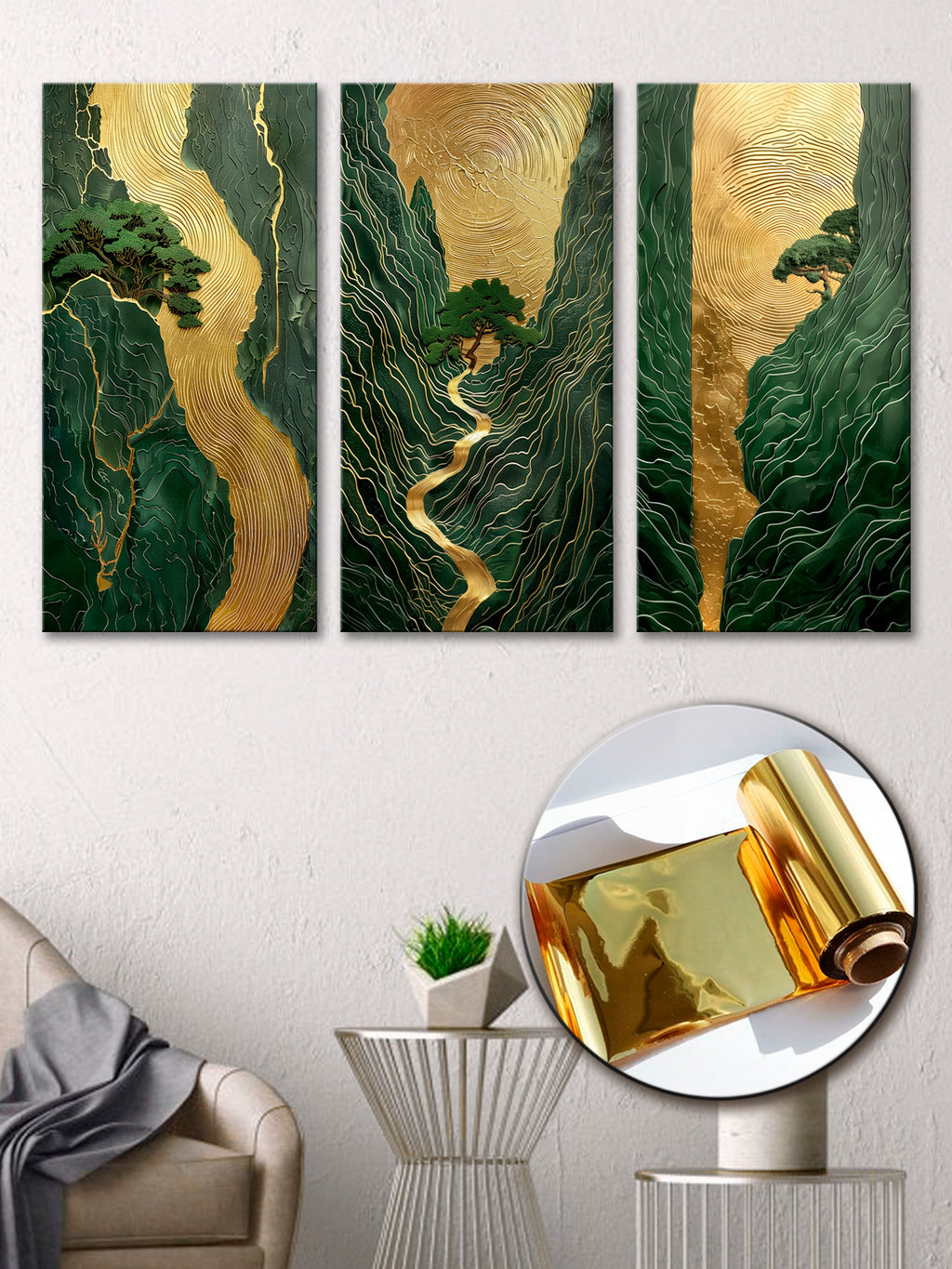 Gold Foil Japanese-style River Multi Panel Wall Art Canvas.