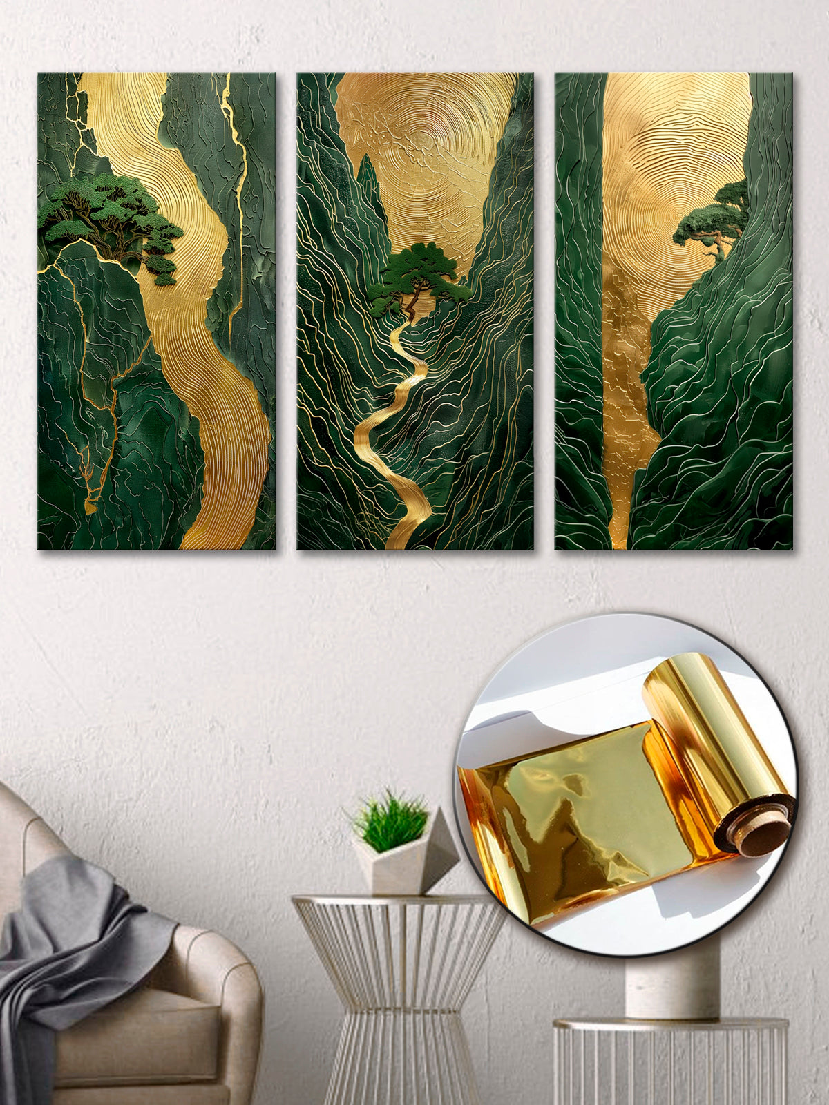 Gold Foil Japanese-style River Multi Panel Wall Art Canvas.