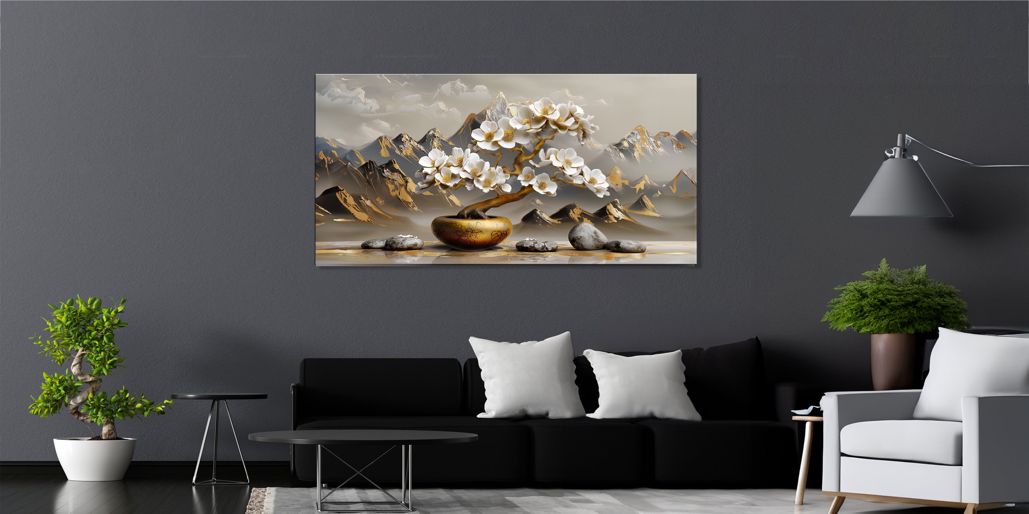 Gold Foil Print Flower Tree for Interior Wall on Canvas
