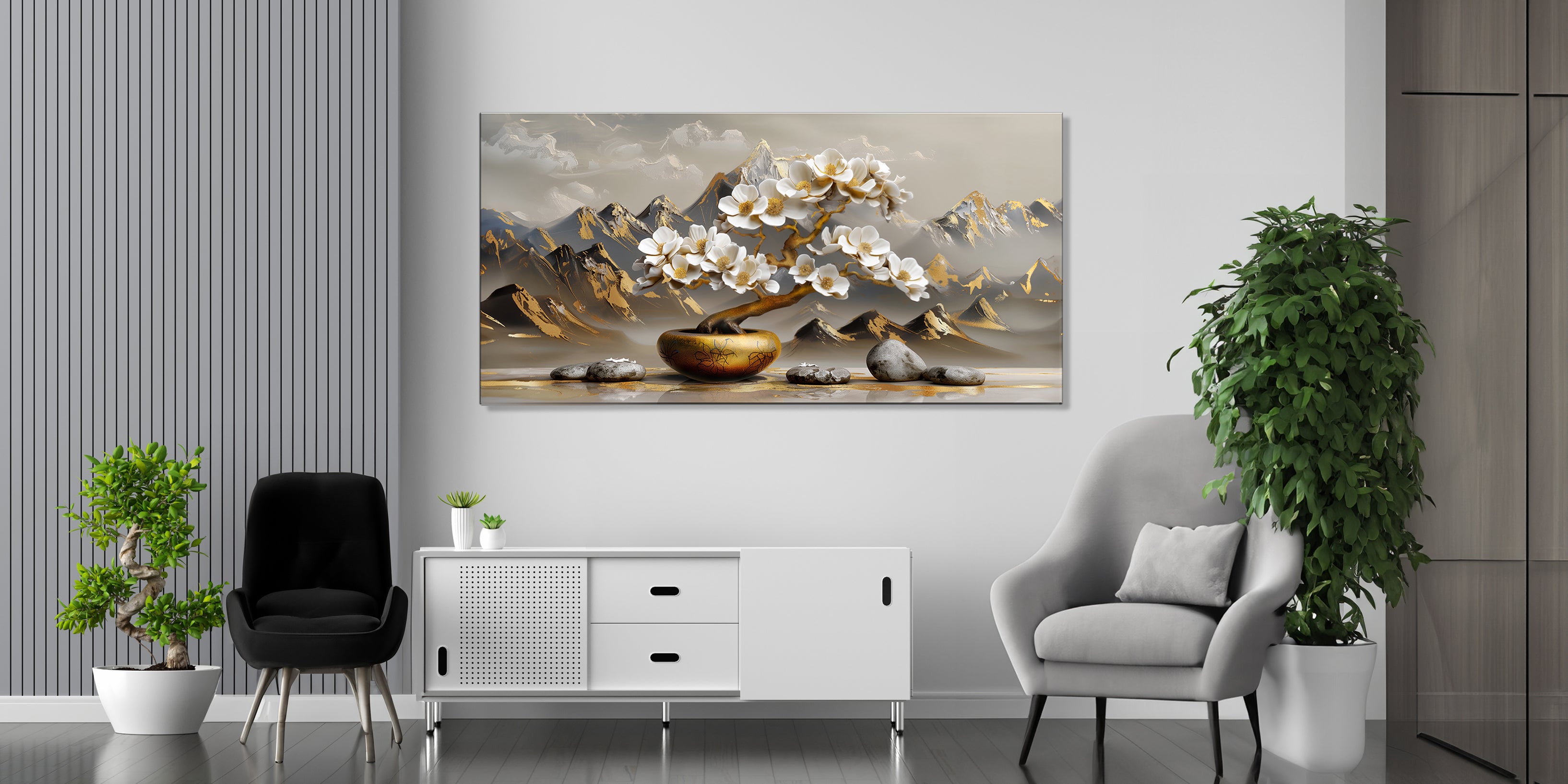 Gold Foil Print Flower Tree for Interior Wall on Canvas