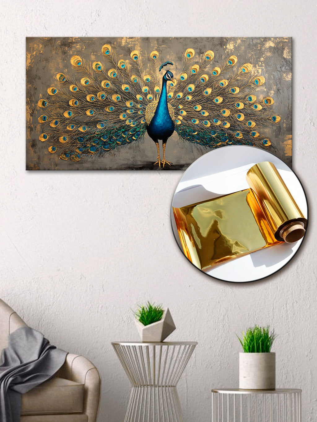 Gold Foil Wall Art Print: Peacock Gold Accent Wall Decor Canvas