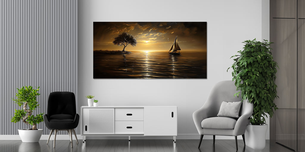 Gilded Painting Gold Foil Wall Art Sunset and Sailboat Canvas Print