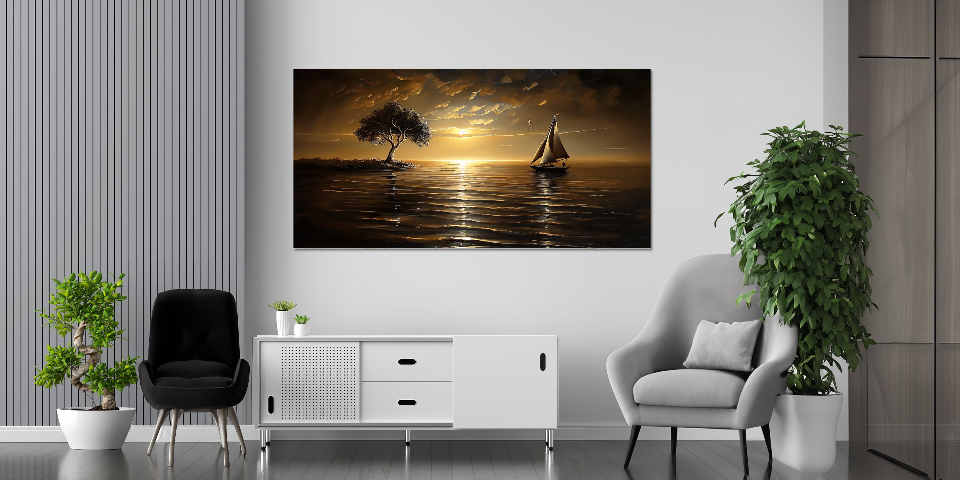 Gilded Painting Gold Foil Wall Art Sunset and Sailboat Canvas Print