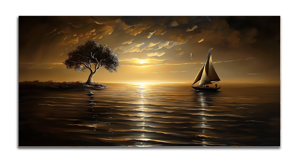 Gilded Painting Gold Foil Wall Art Sunset and Sailboat Canvas Print