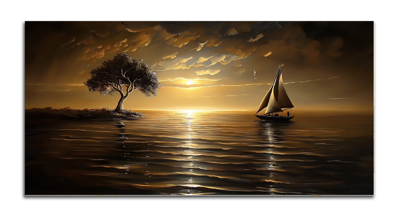 Gilded Painting Gold Foil Wall Art Sunset and Sailboat Canvas Print