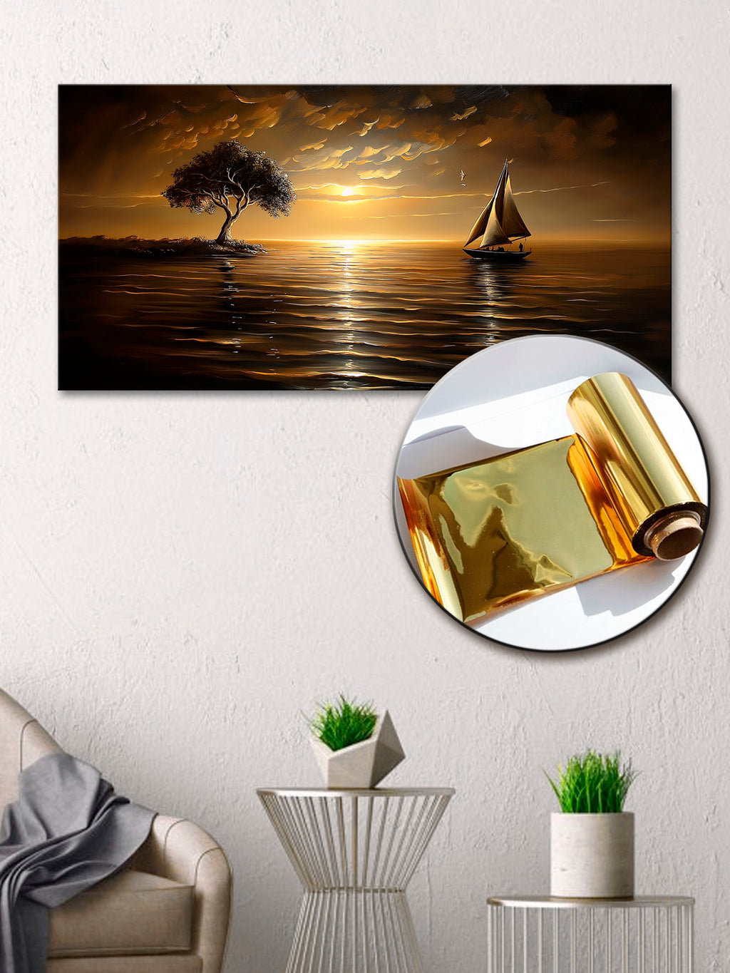 Gold Wall Art Print Sunset Sailboat — Gold Accent Decor, Metallic Foil Canvas