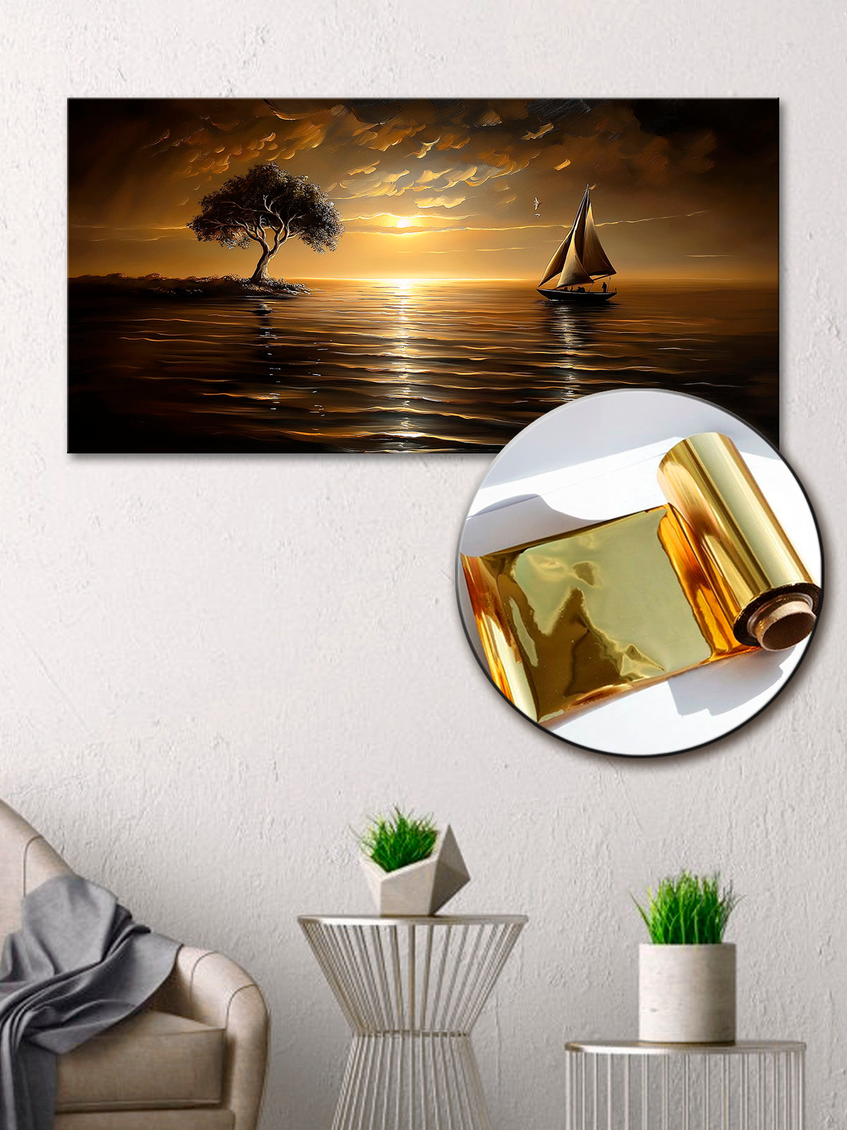 Gold Wall Art Print Sunset Sailboat — Gold Accent Decor, Metallic Foil Canvas