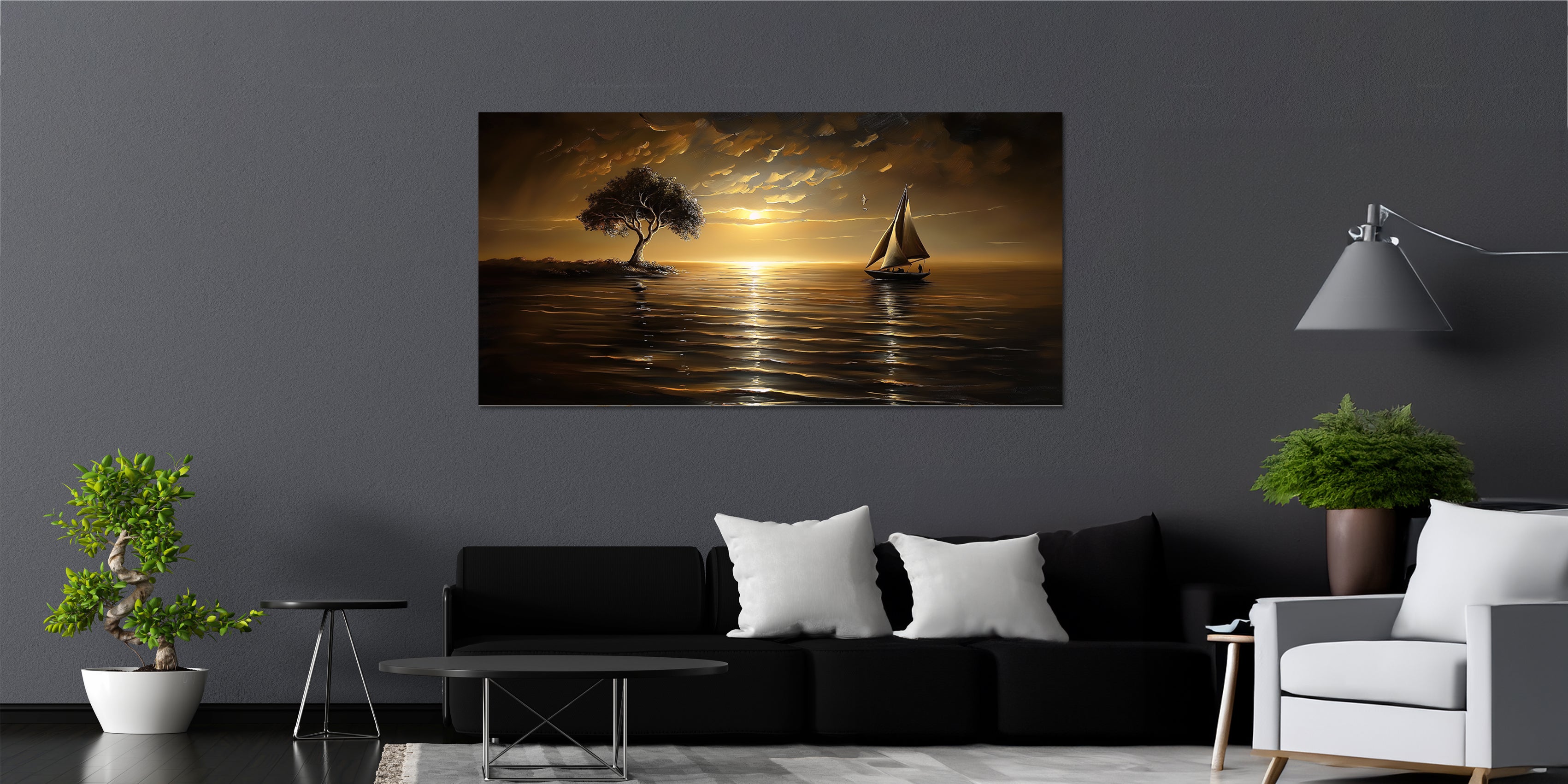 Gilded Painting Gold Foil Wall Art Sunset and Sailboat Canvas Print