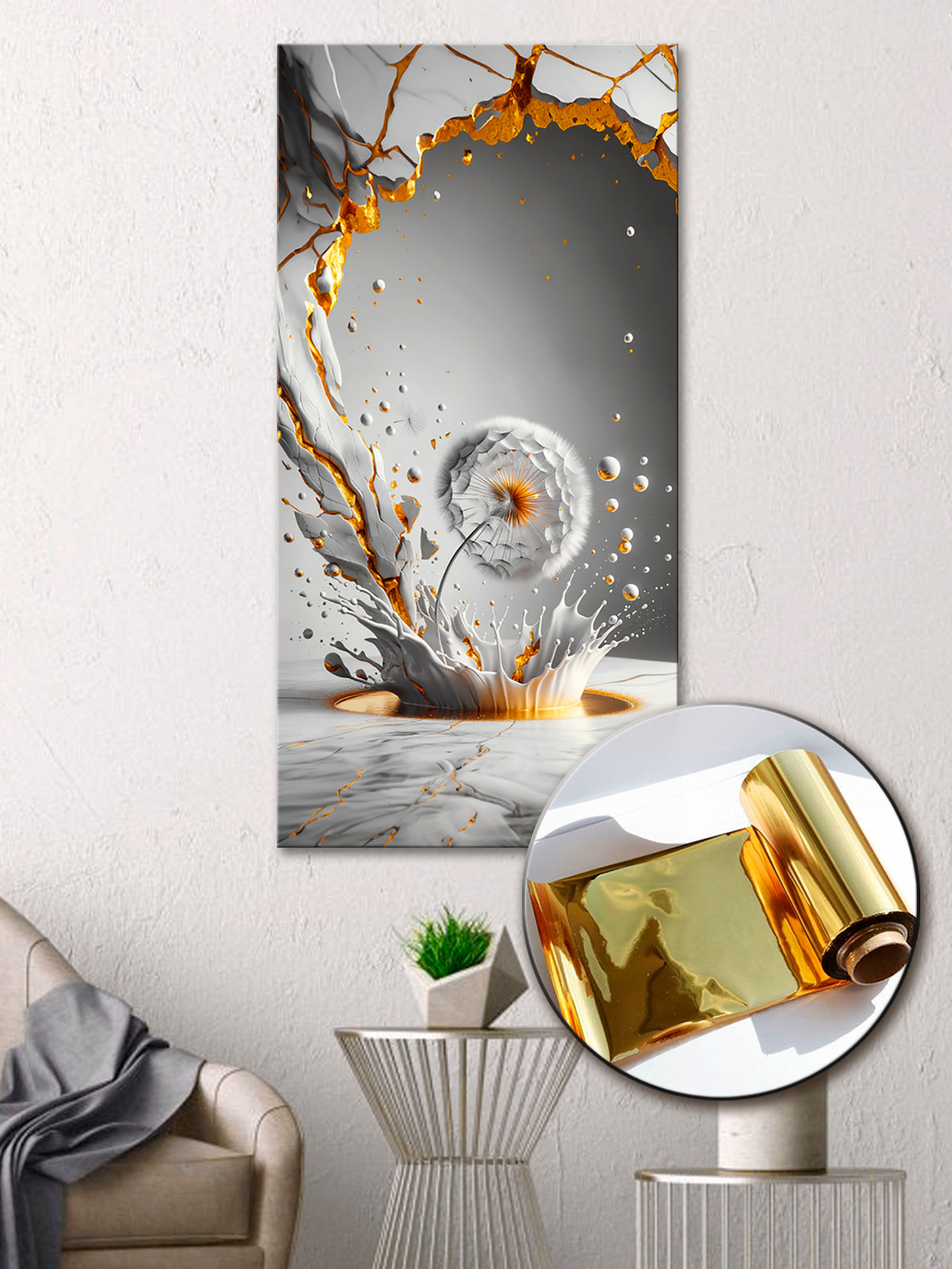 Gold Foil Wall Art Print: Dandelion Gold Accent Wall Decor Canvas Foil