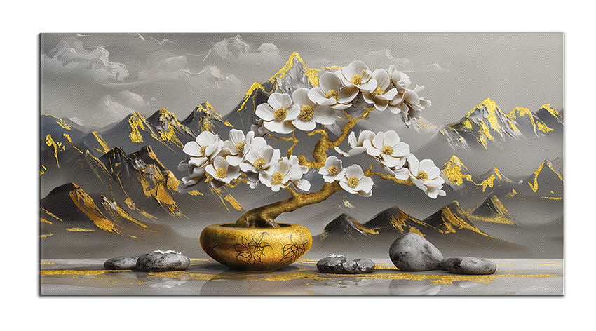 A gilded painting depicting a tree and mountains