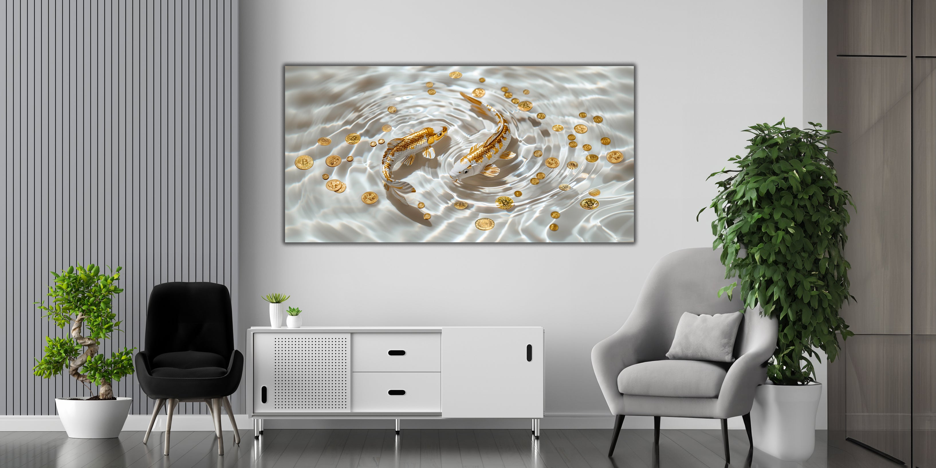 Golden Koi Gold Foil Wall Art – Gilded Canvas Print with Luxury Gold Accent Decor