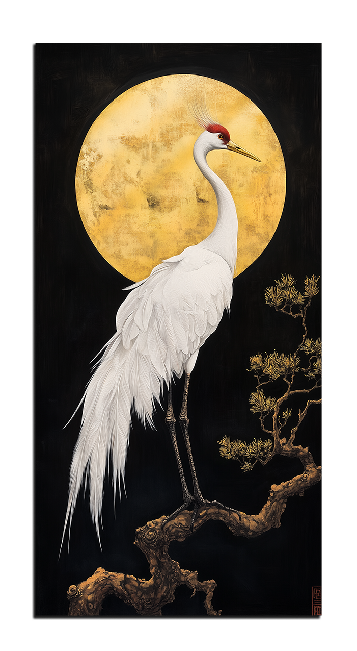 Gilded Art Print Heron and Golden Sun – Gold Accent Wall Decor Canvas, Foil