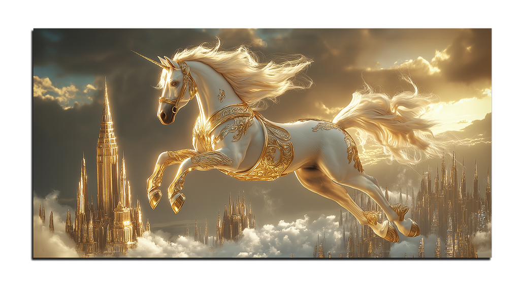 a gilded painting depicting a unicorn in a golden harness