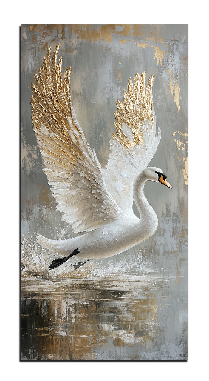 Gold Foil Print White Swan for Interior Wall on Canvas