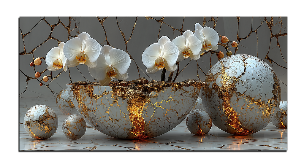 Decorative scene with white flowers, a gold and white bowl, and spherical decorative items on a reflective surface.