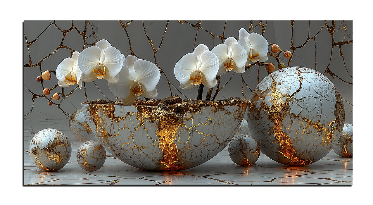 Decorative scene with white flowers, a gold and white bowl, and spherical decorative items on a reflective surface.