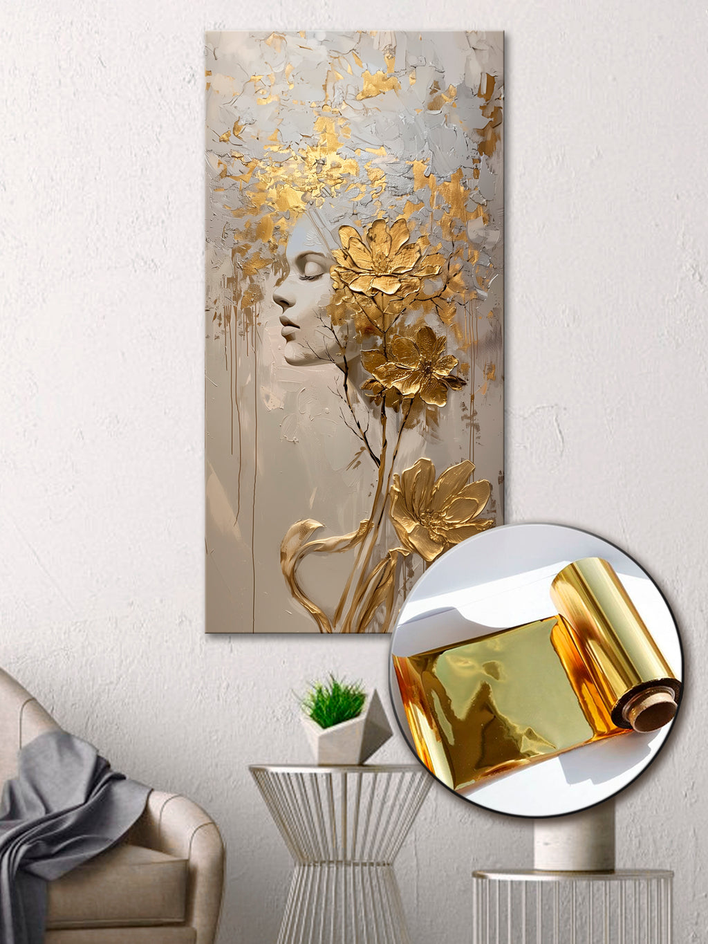 Gold Wall Art – Abstract Girl Metallic Foil Canvas