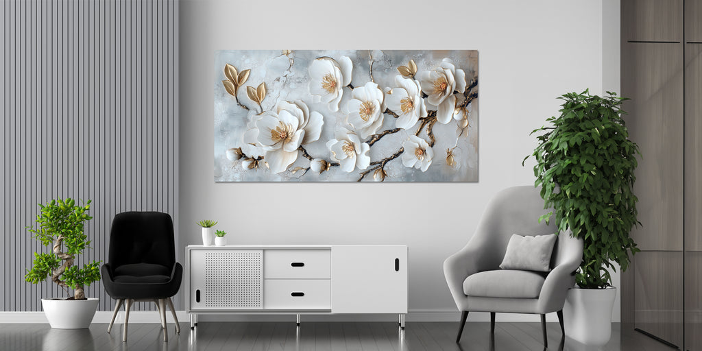 Gilded Art Print Flowers Magnolias – Gold Accent Wall Decor Canvas, Foil
