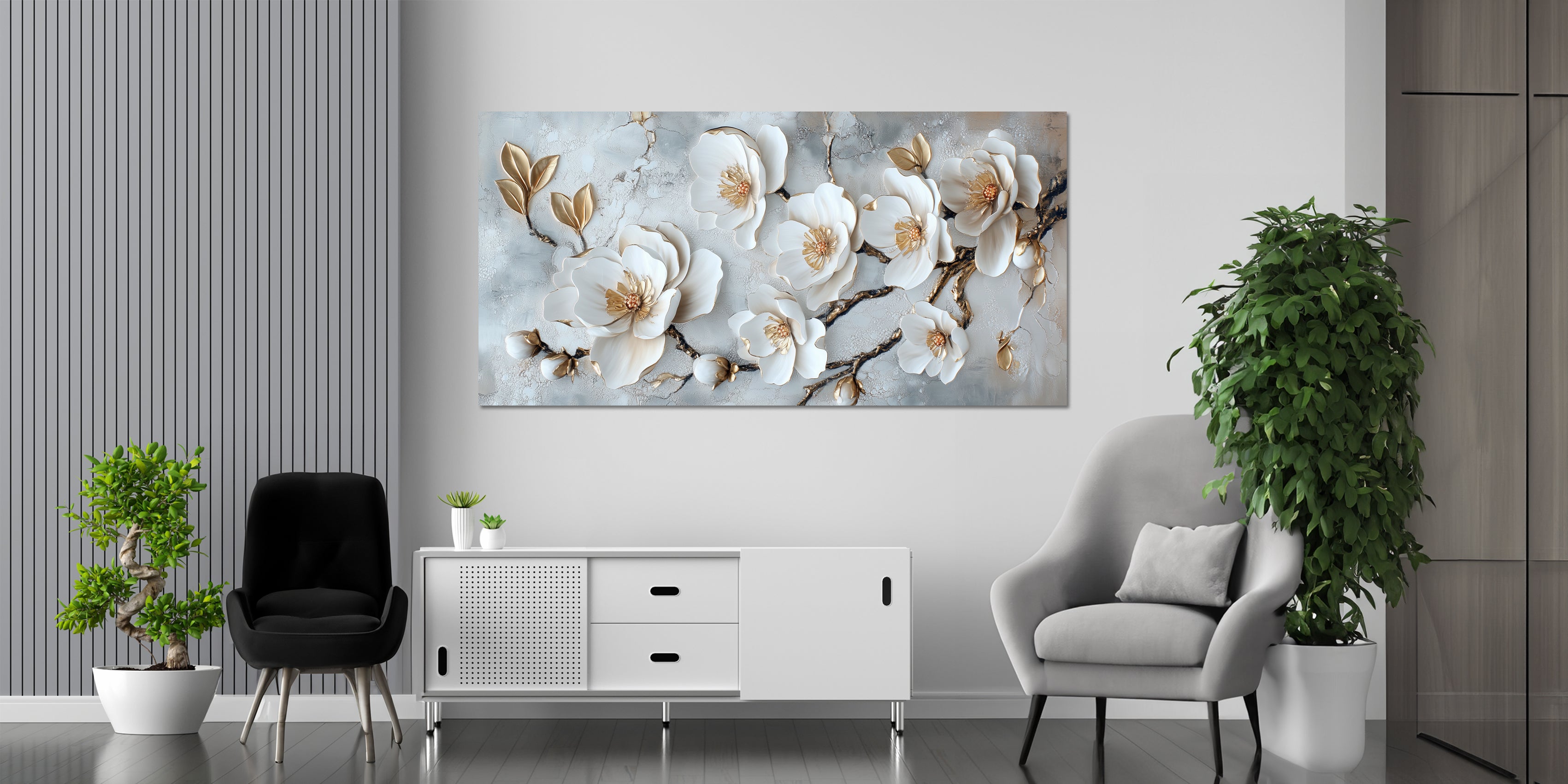 Gilded Art Print Flowers Magnolias – Gold Accent Wall Decor Canvas, Foil