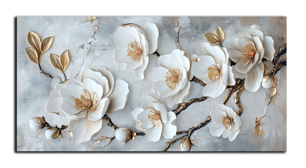 Gilded Art Print Flowers Magnolias – Gold Accent Wall Decor Canvas, Foil