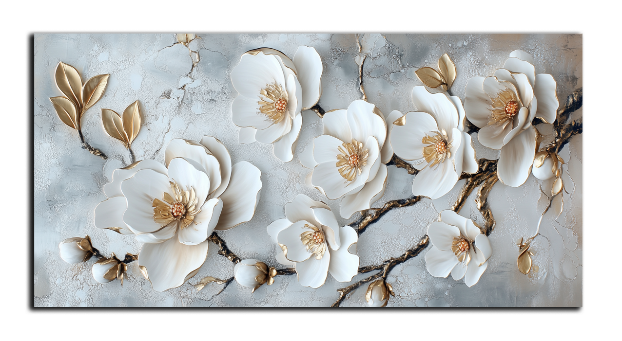 Gilded Art Print Flowers Magnolias – Gold Accent Wall Decor Canvas, Foil