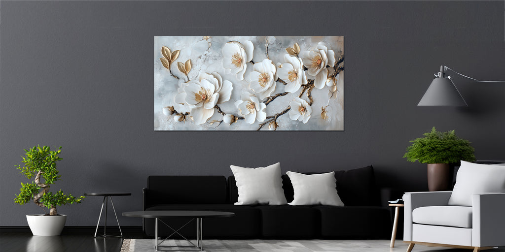 Gilded Art Print Flowers Magnolias – Gold Accent Wall Decor Canvas, Foil