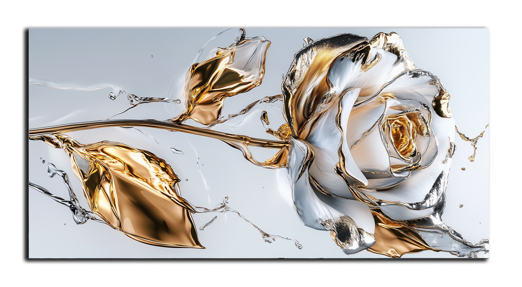 Gilded painting "White rose with water drops"