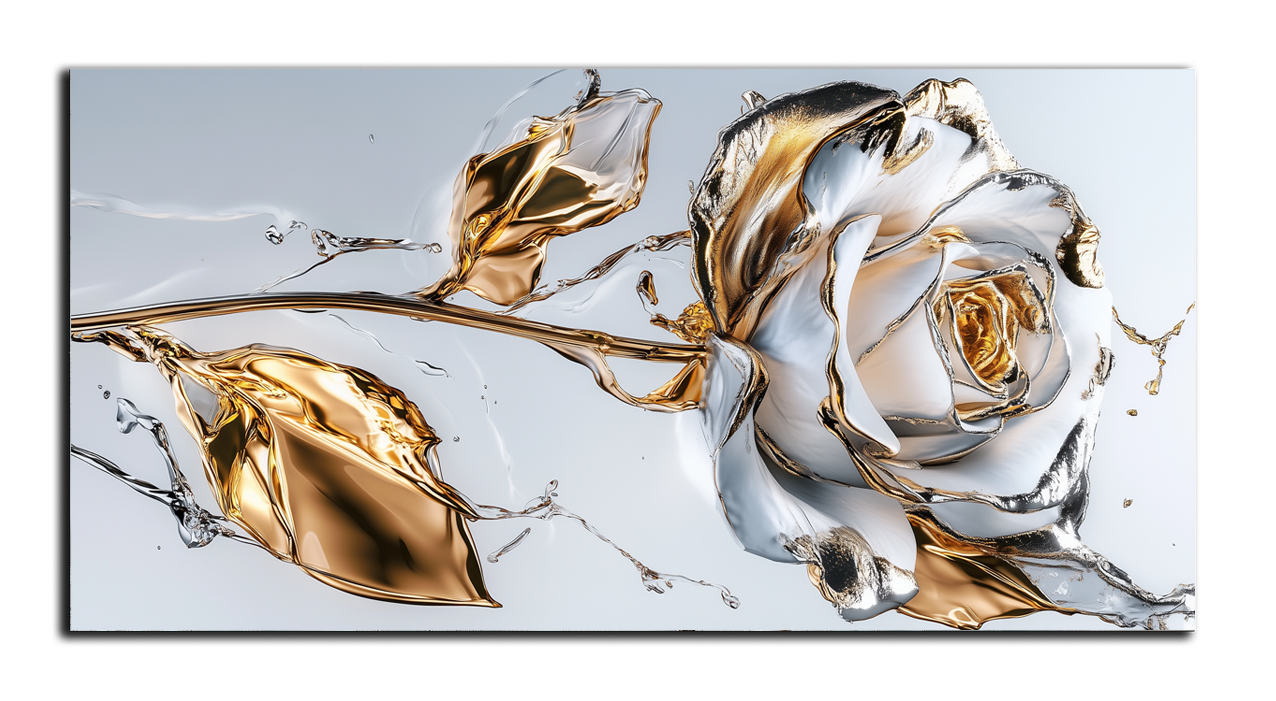 Gilded painting "White rose with water drops"