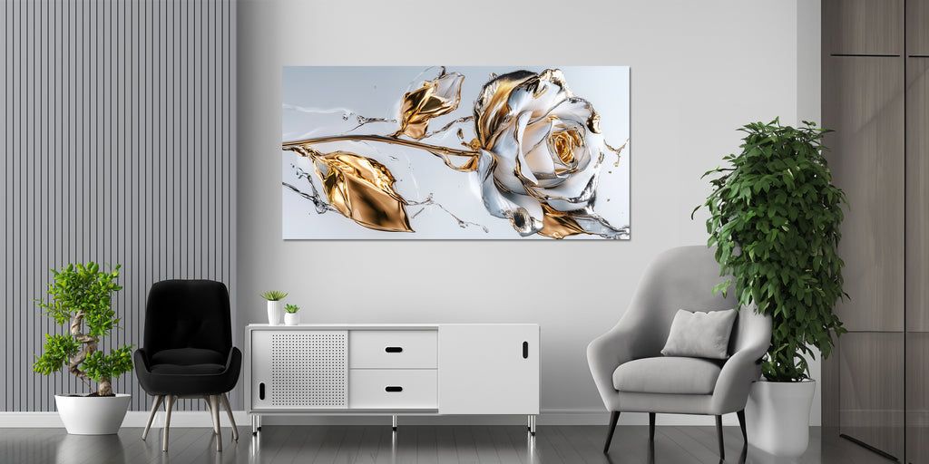 Gold Foil Wall Art Print White Rose – Gold Accent Wall Decor Canvas