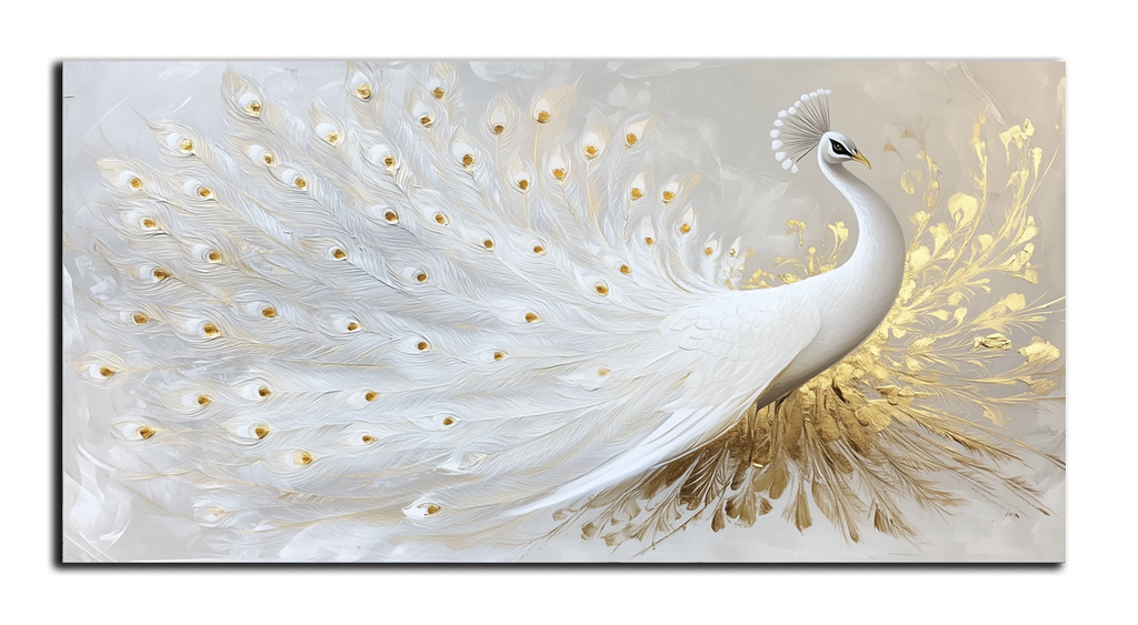 Gold Wall Art – White Peacock Metallic Foil Canvas