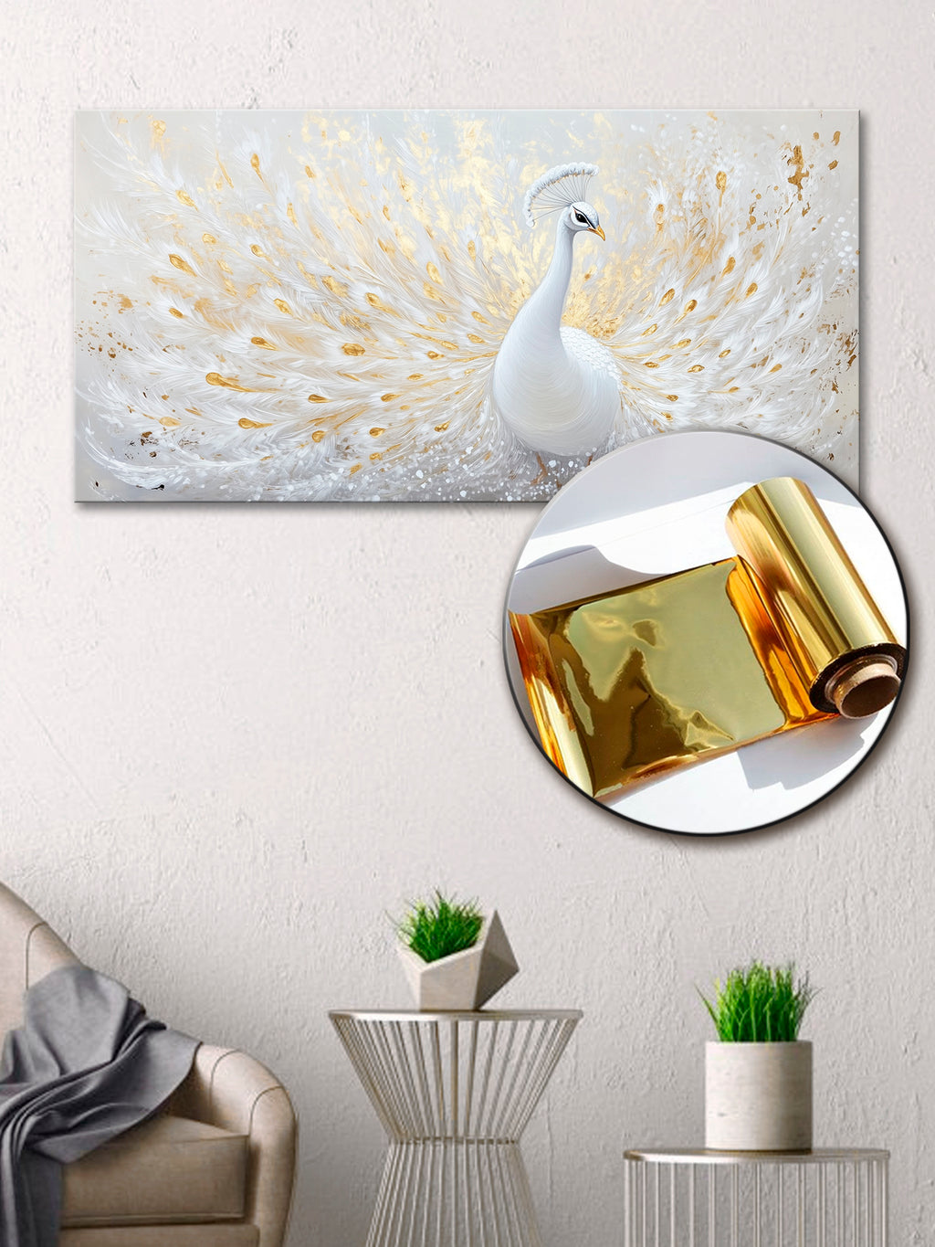 Gold Foil Wall Art Print White Peacock – Gold Accent Wall Decor Canvas