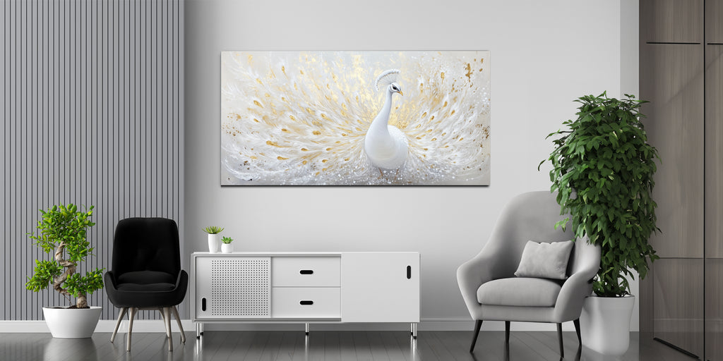 Gold Wall Art – White Peacock Metallic Foil Canvas