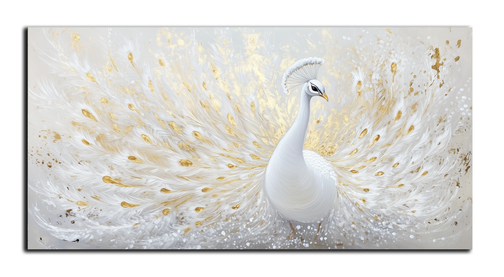 Gold Foil Wall Art Print White Peacock – Gold Accent Wall Decor Canvas