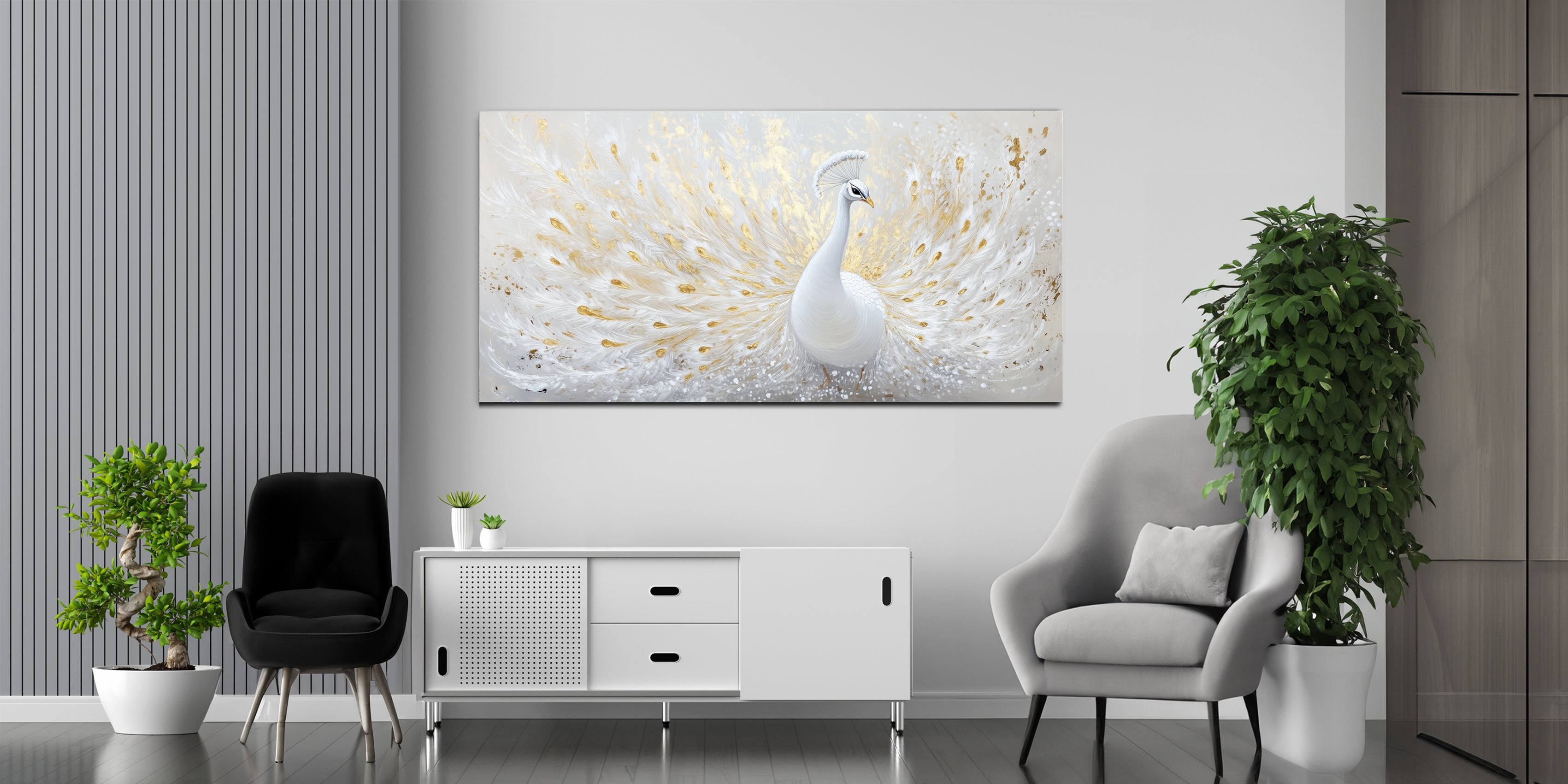 Gilded Art Print White Peacock – Gold Accent Wall Decor Canvas, Foil