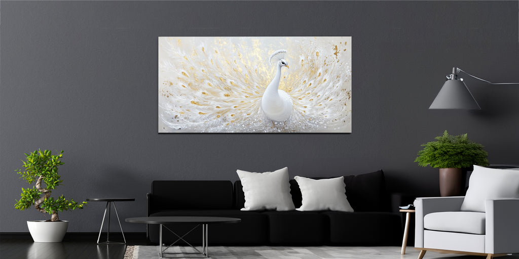 Gold Foil Wall Art Print White Peacock – Gold Accent Wall Decor Canvas