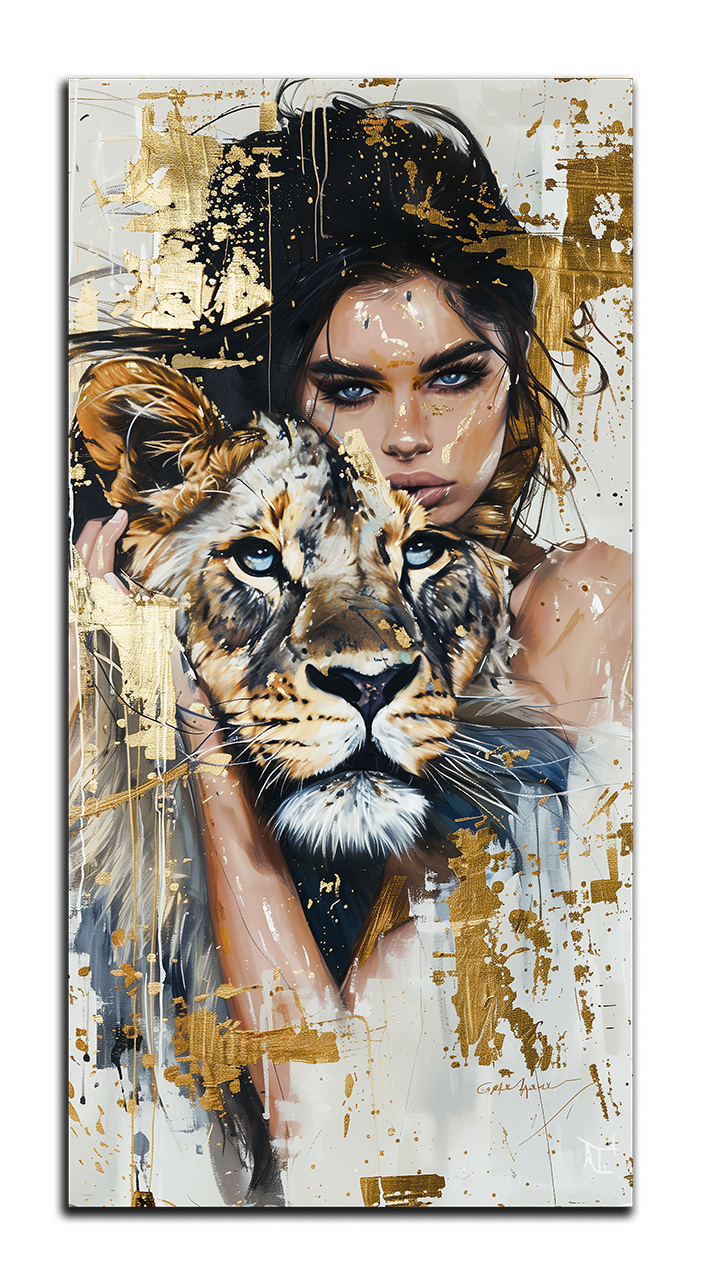 Gilded Art Print Girl with a Tiger – Gold Accent Wall Decor Canvas, Foil