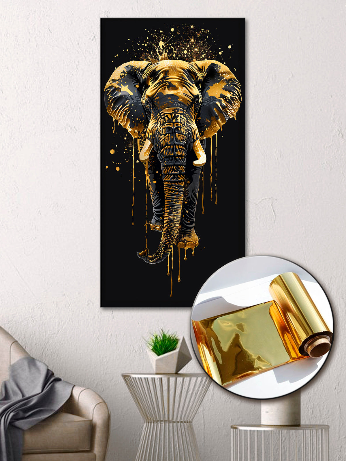 Gold Art Print Elephant – Gold Accent Wall Decor Canvas, Foil
