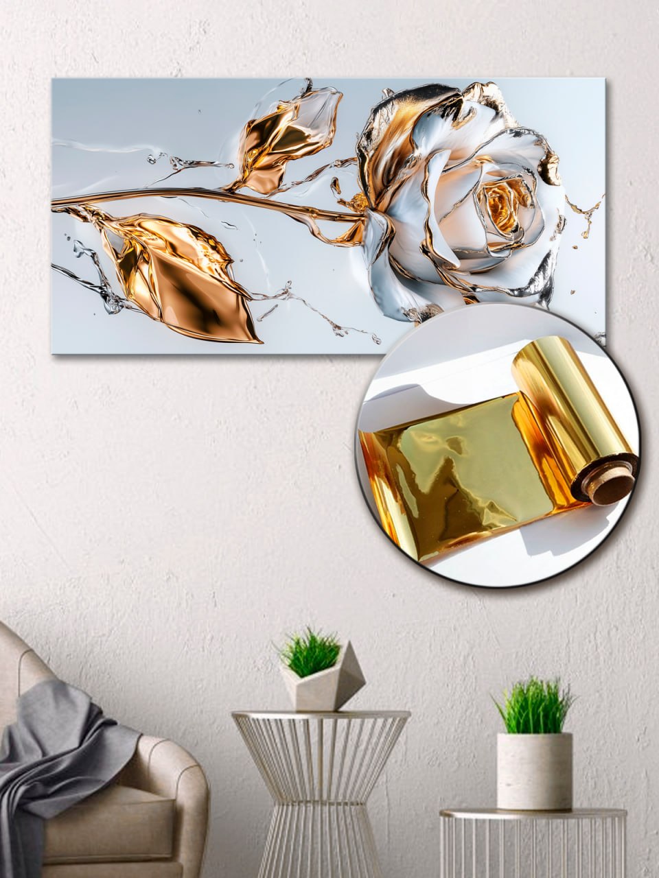 Gold Foil Wall Art Print White Rose – Gold Accent Wall Decor Canvas