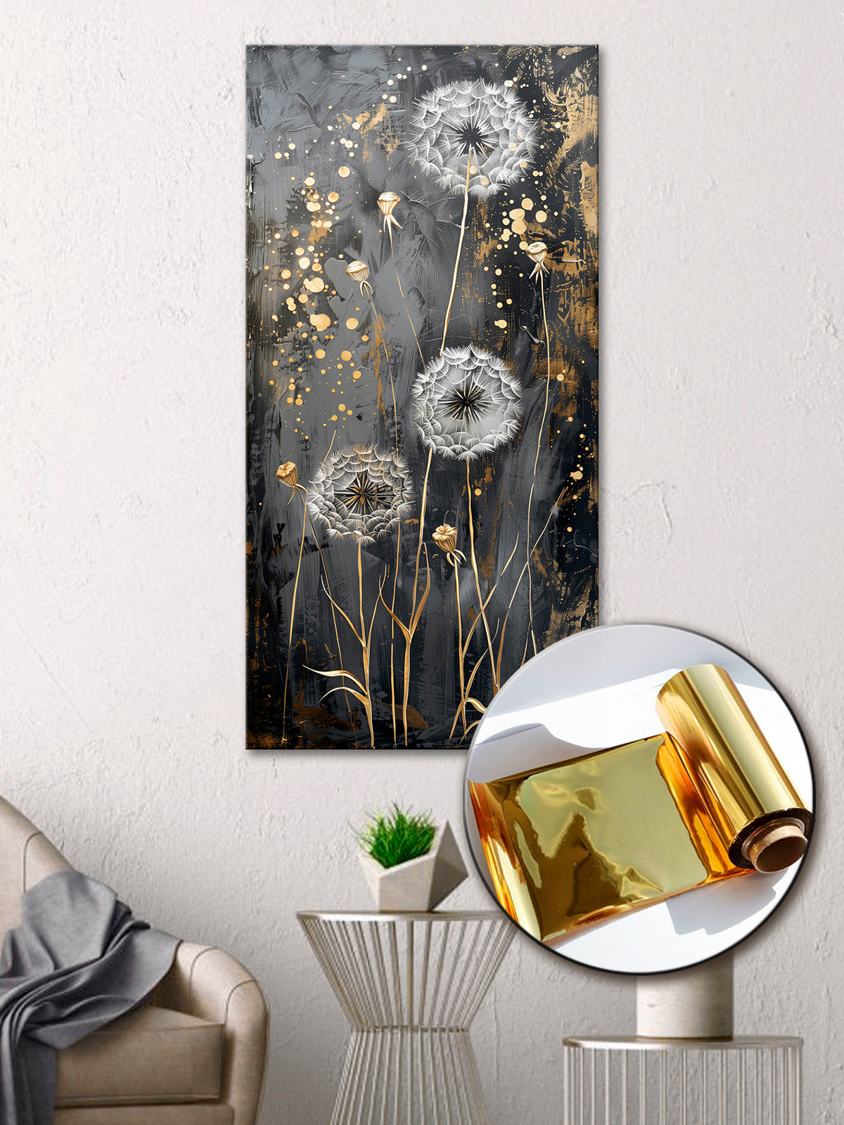 Gilded Art Print Dandelion – Gold Accent Wall Decor Canvas, Foil