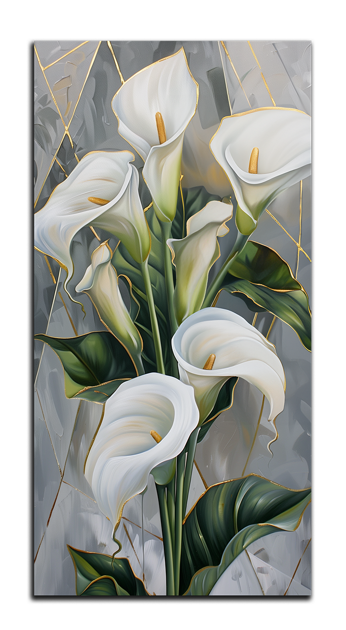 A gilded painting of a white flower with green leaves