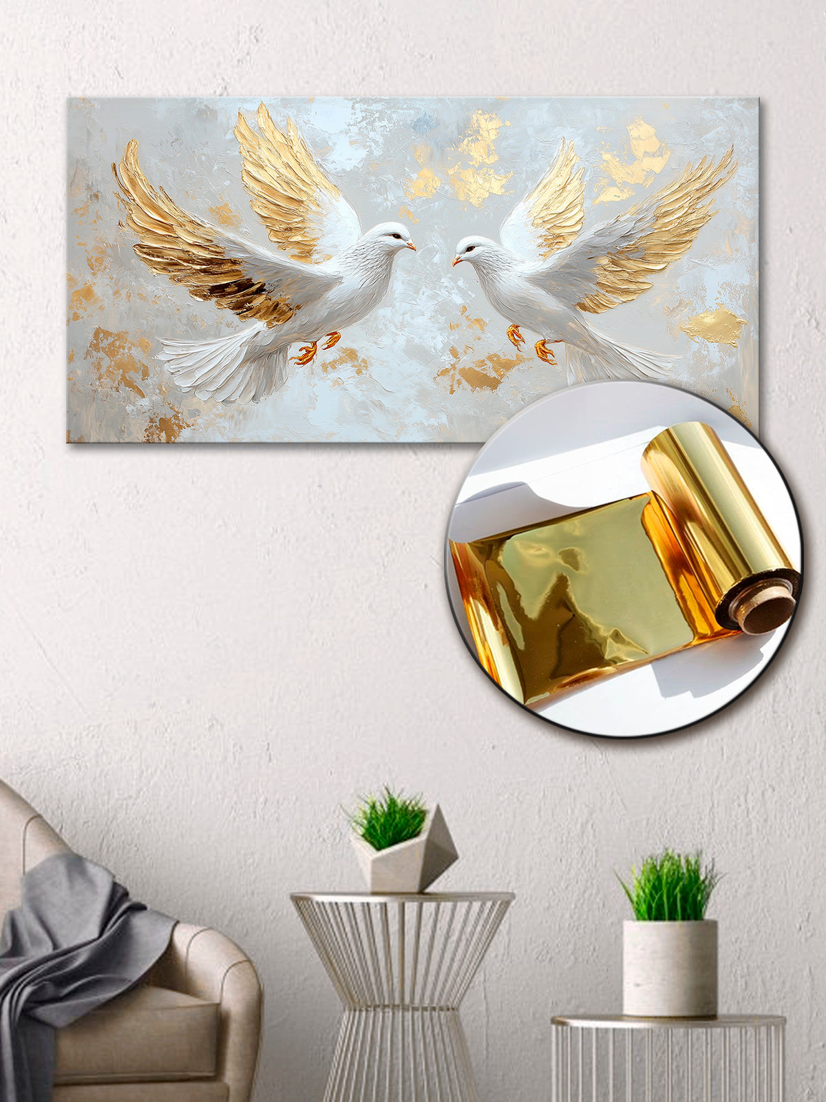 Gold Wall Art – White Doves Metallic Foil Canvas