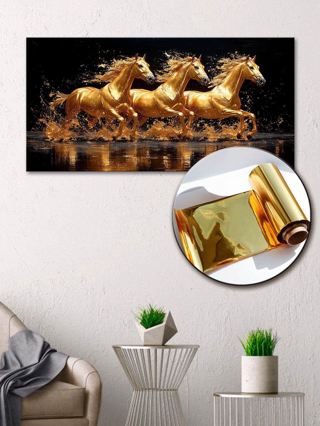 Gold Wall Art – Horses Metallic Foil Canvas