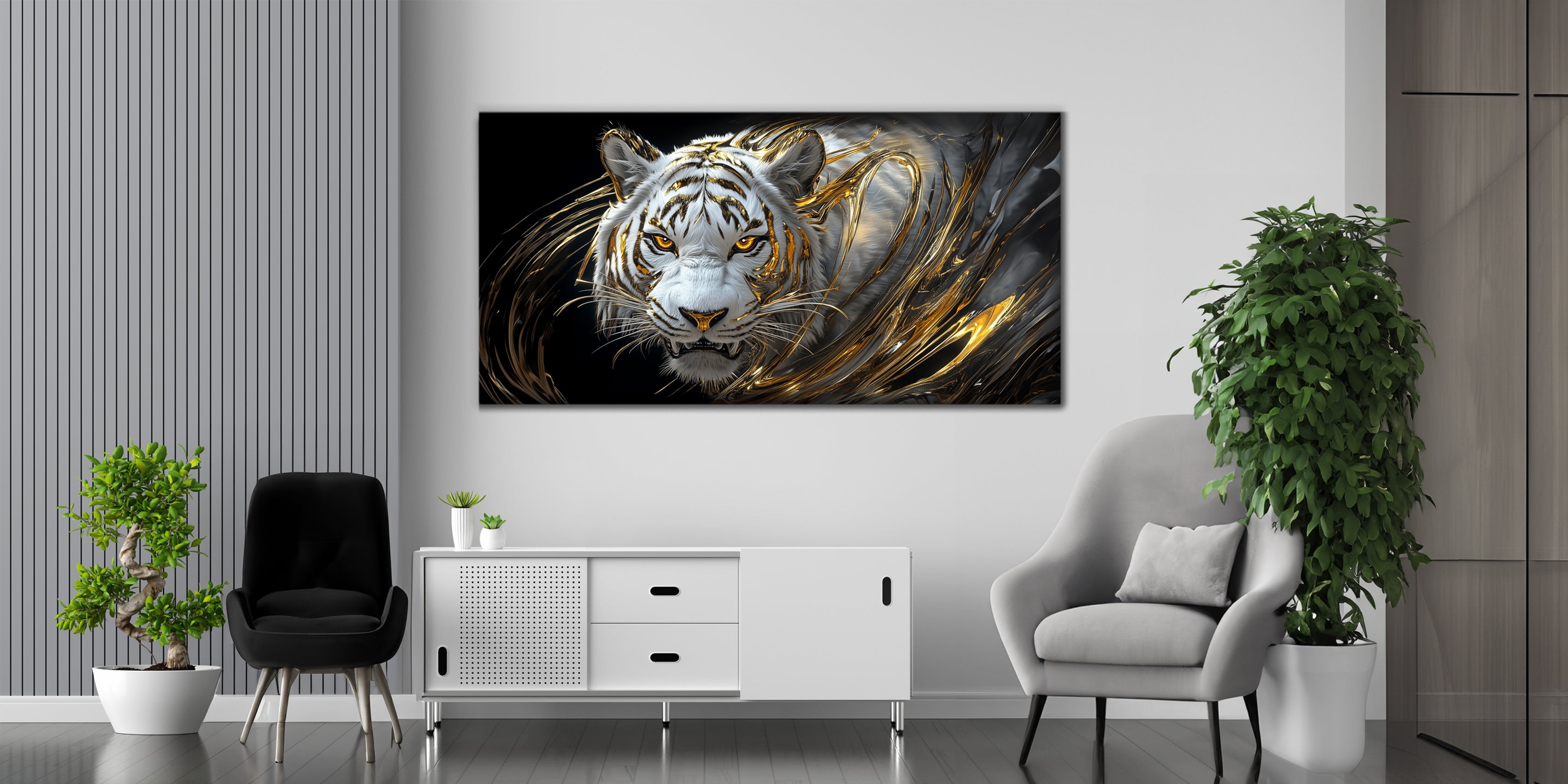 Modern Gold Foil Canvas Print "Tiger" | Abstract Animal Portrait | Metallic Wall Art Decor