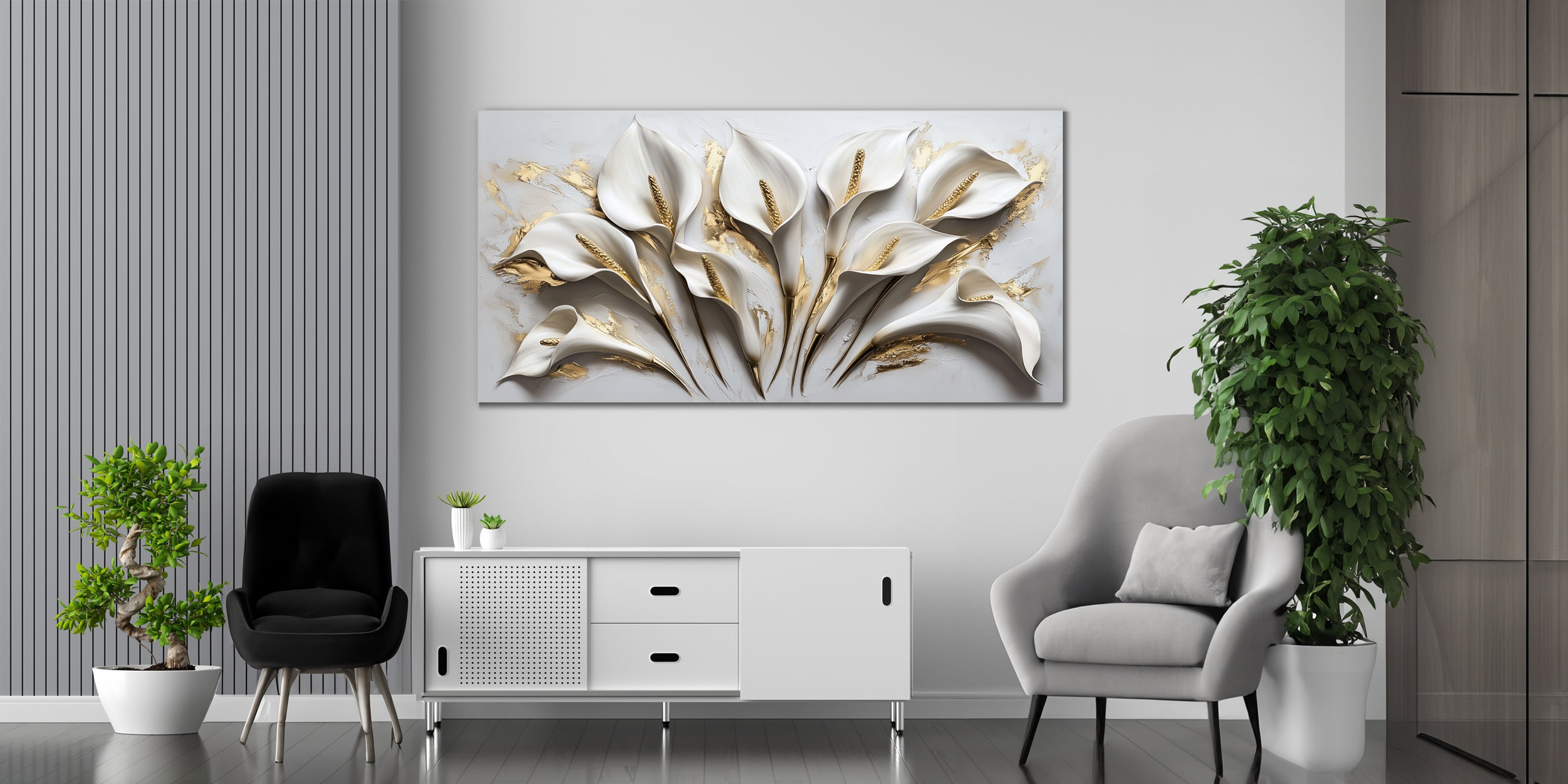 Gold Foil Wall Art Print "Calla Flowers" | Abstract Floral Portrait | Gold Accent Art for Bedroom & Living Room
