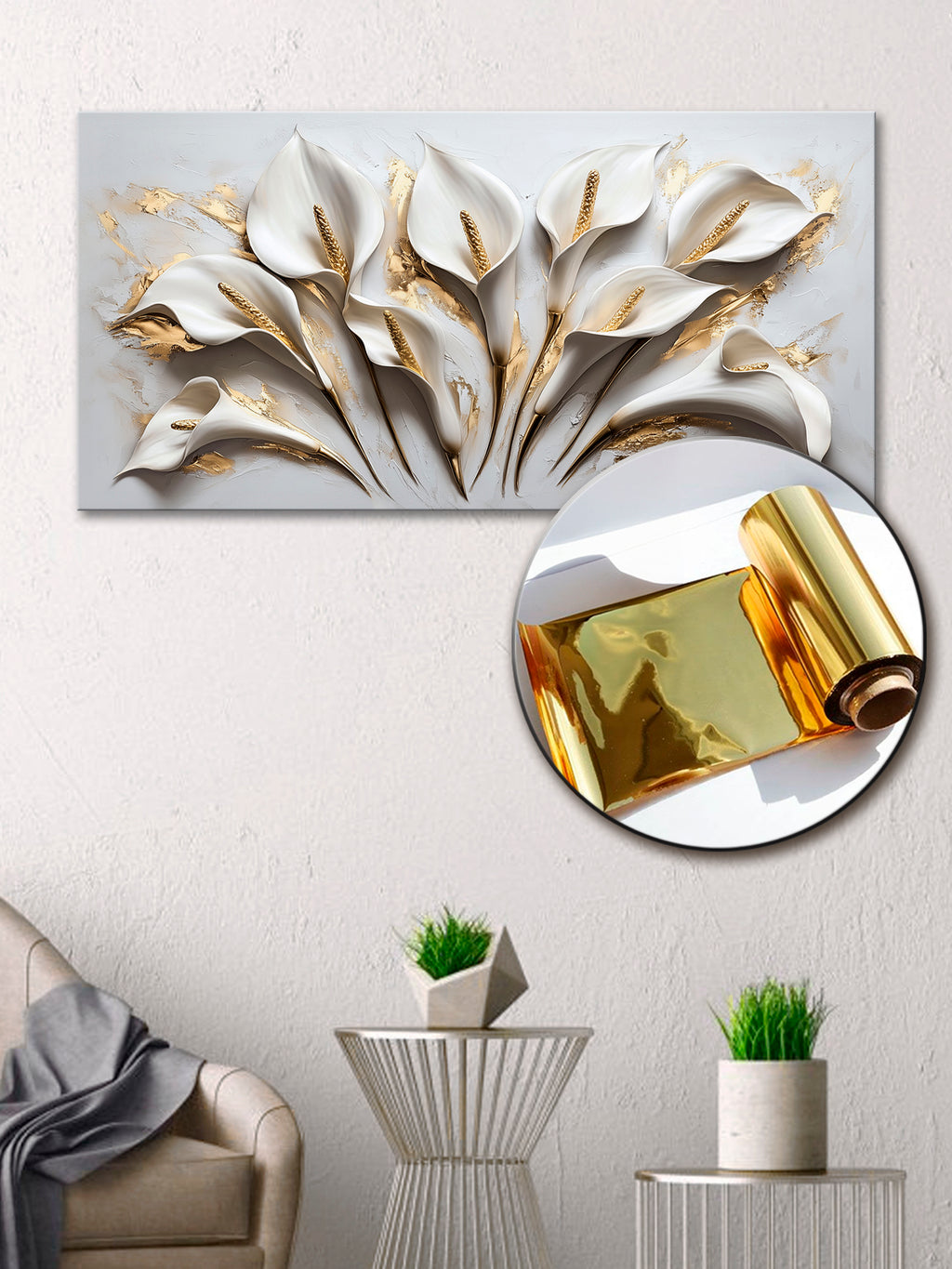 Gold Foil Wall Art Print "Calla Flowers" | Abstract Floral Portrait | Gold Accent Art for Bedroom. & Living Room