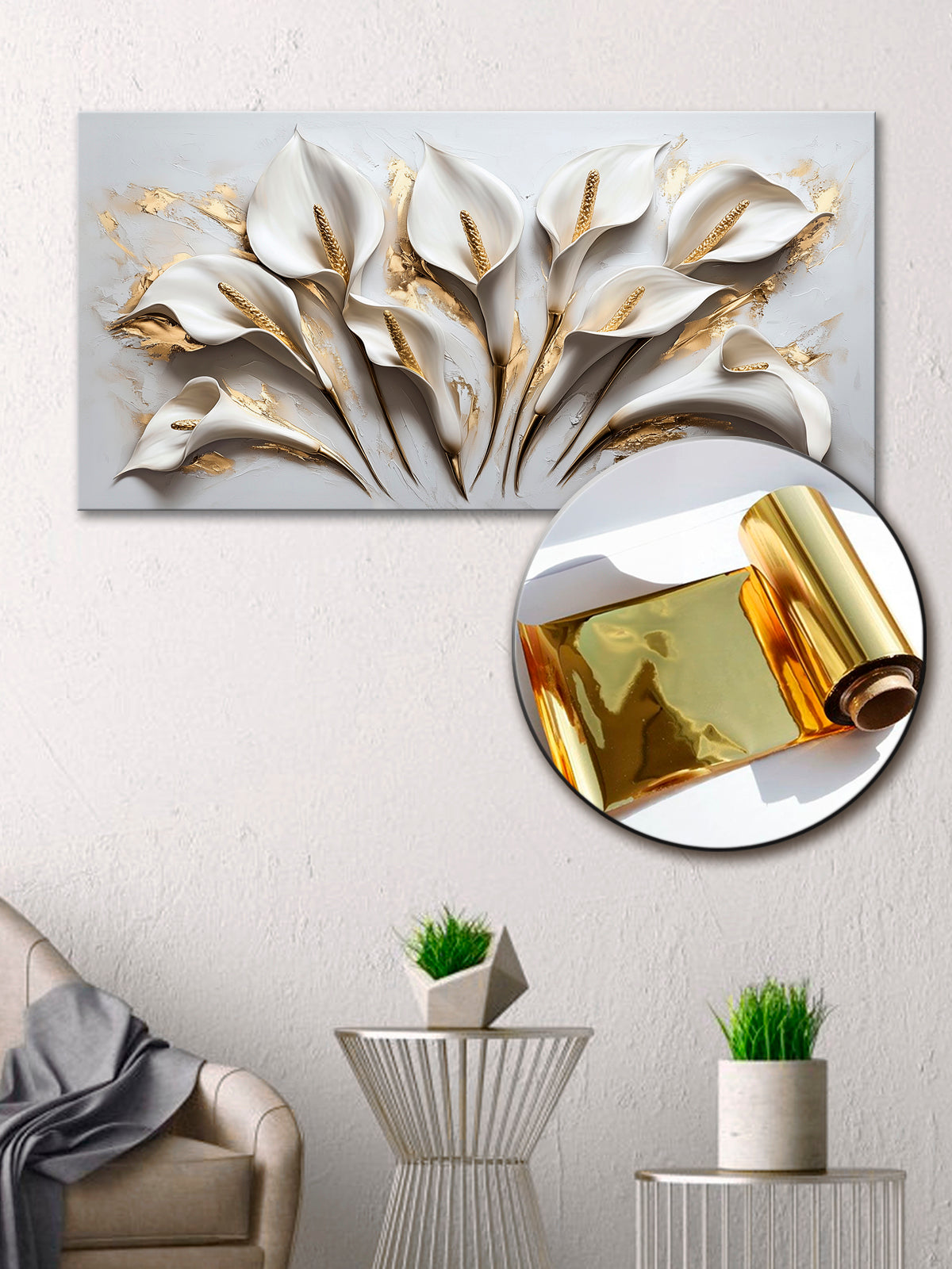 Gold Foil Wall Art Print "Calla Flowers" | Abstract Floral Portrait | Gold Accent Art for Bedroom. & Living Room