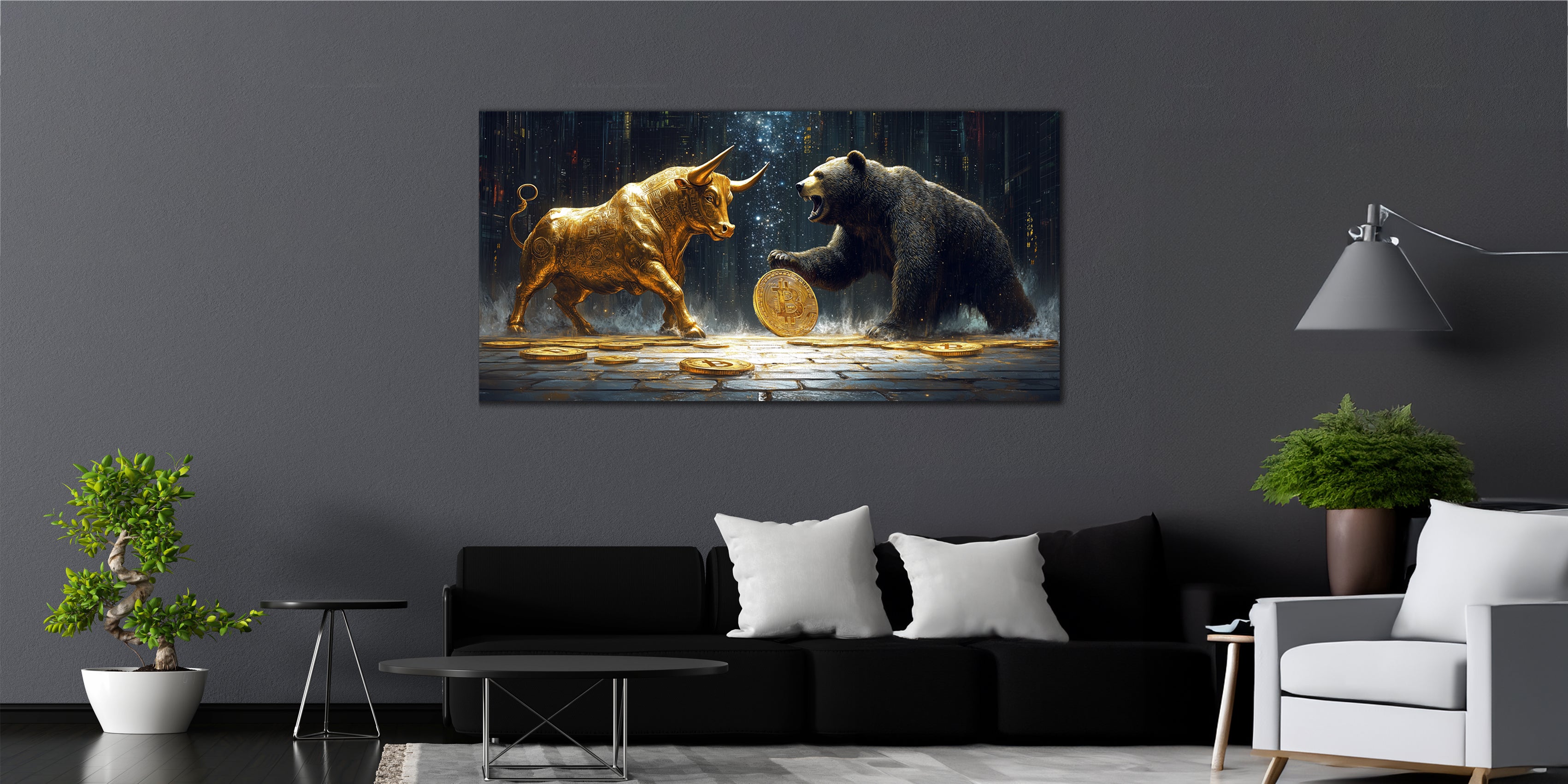 Gilded Bitcoin Bear Bull Wall Art – Gold Accent Crypto Decor with Foil Print
