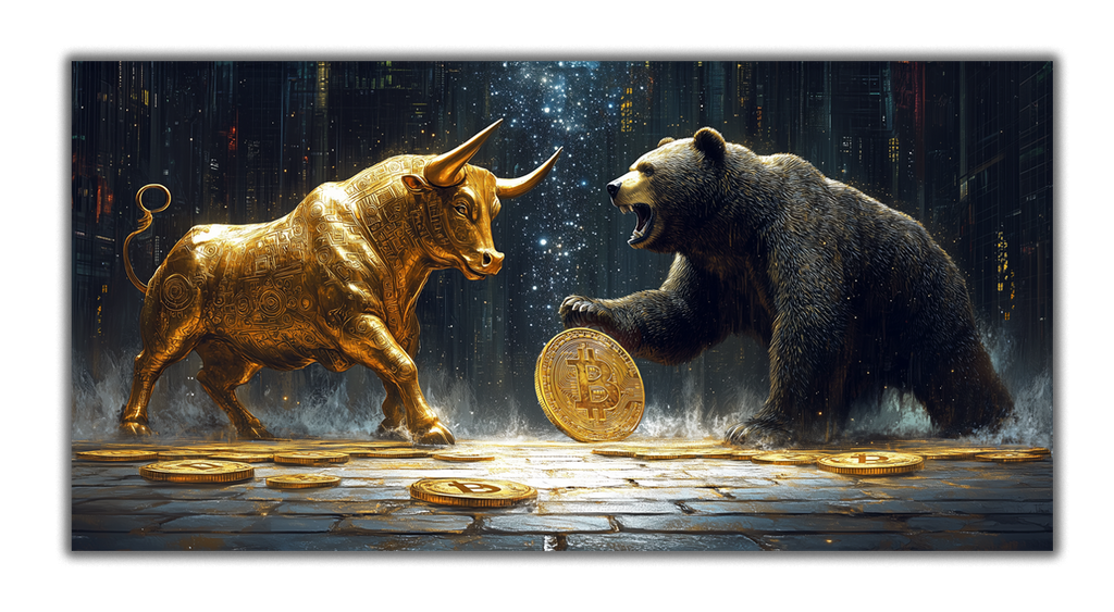 Gilded Bitcoin Bear Bull Wall Art – Gold Accent Crypto Decor with Foil Print